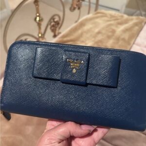 Prada Navy Saffiano Leather Zip Wallet with Bow and Gold Logo